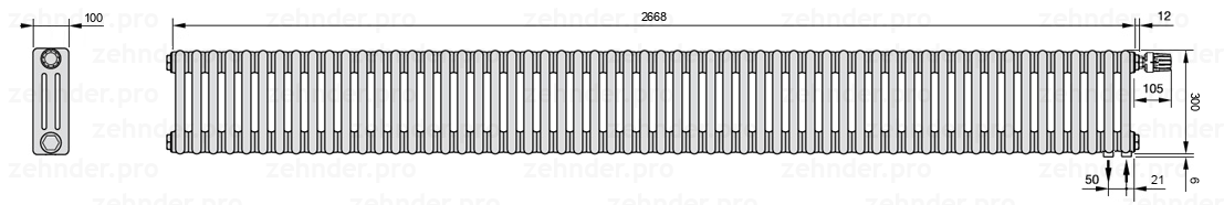 Схема (чертеж) Радиатор Zehnder Charleston 3030/58 №V002 Белый глянцевый RAL 9016